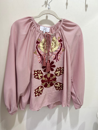 Embroidered Boho Striped Blouse Burgandy