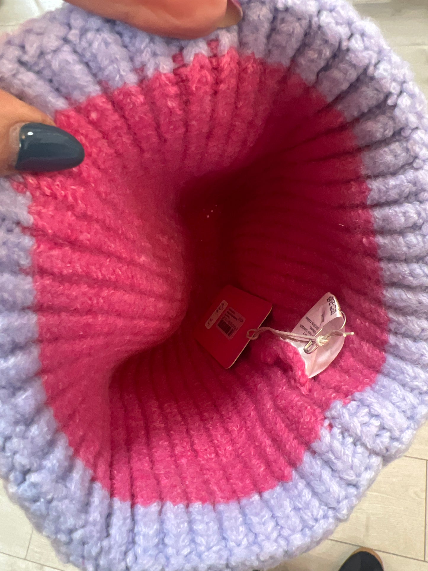 POM Knit Hat Pink Lilac Green Stripe