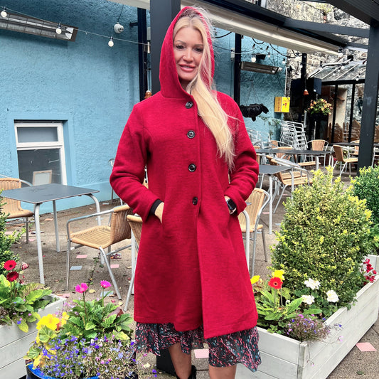 Cherry Red Hooded Wool Coat