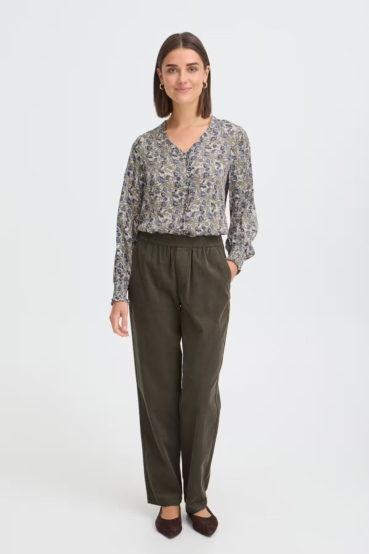 FRANSA Floral Print V-Neck Blouse – Khaki & Blue