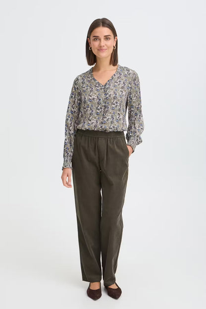 FRANSA Floral Print V-Neck Blouse – Khaki & Blue