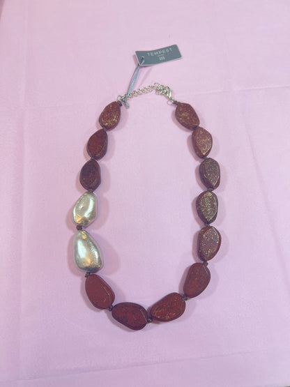 TEMPEST Wood & Silver Metallic Statement Necklace