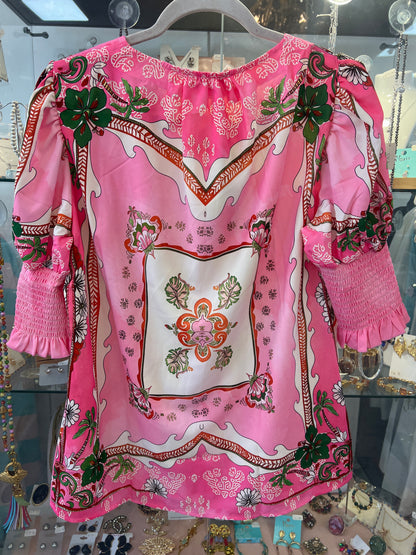 Crystal Detail Pink Print Button Front Blouse
