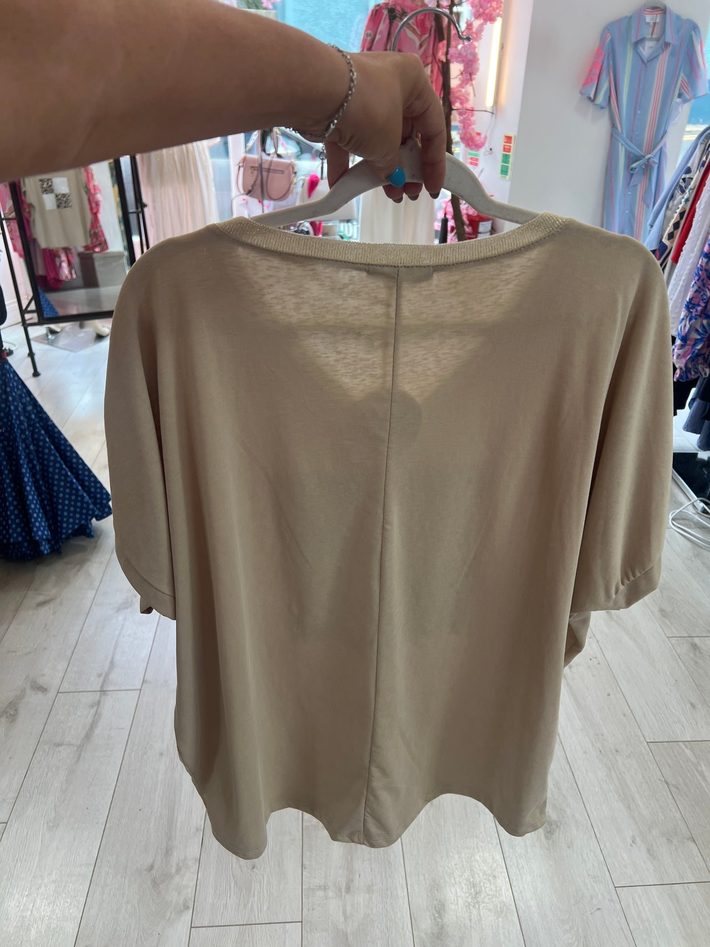 Beige V-Neck Top Leopard & Pearl Design