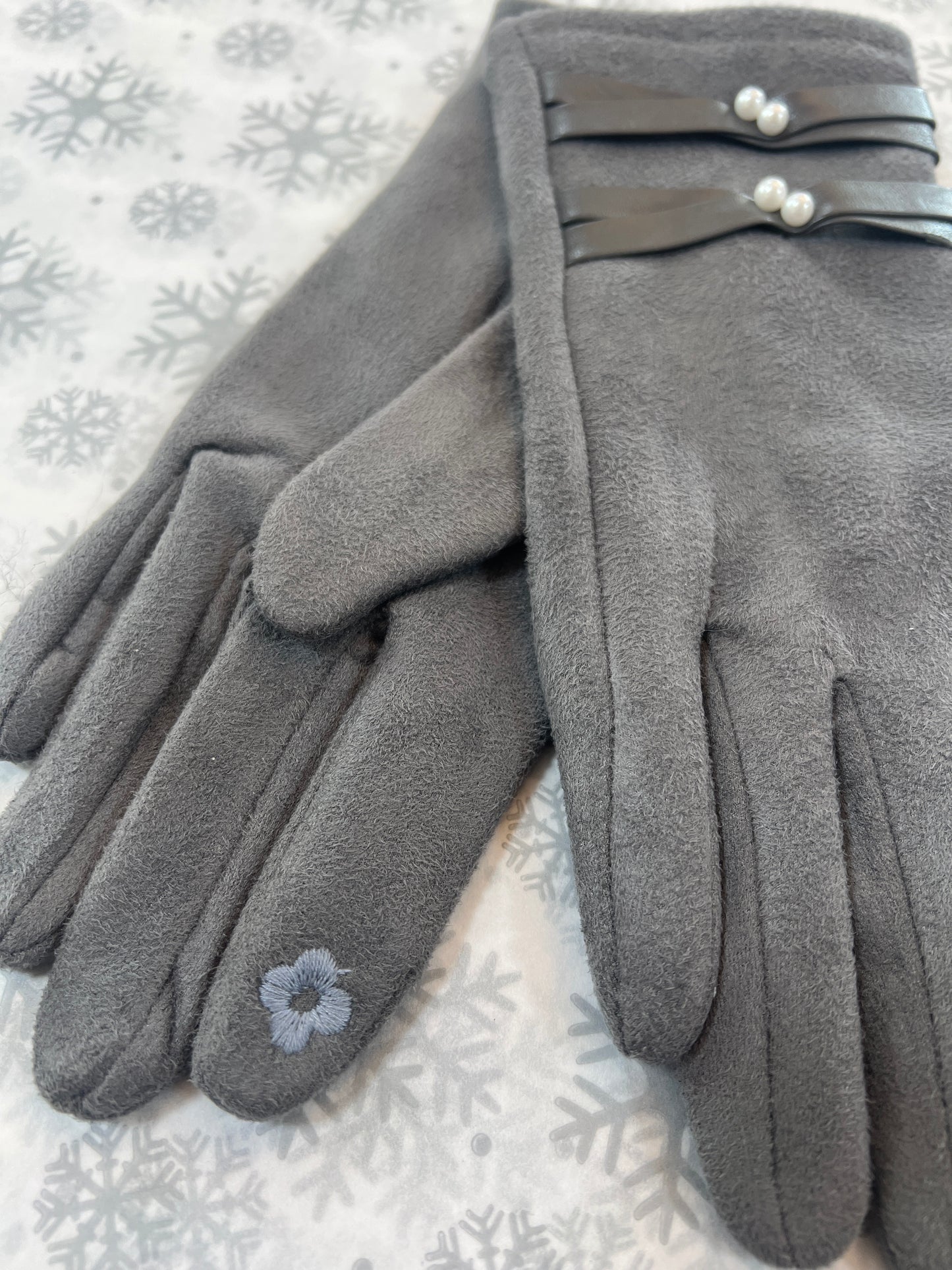 Grey Suedette Gloves Pearl Detail