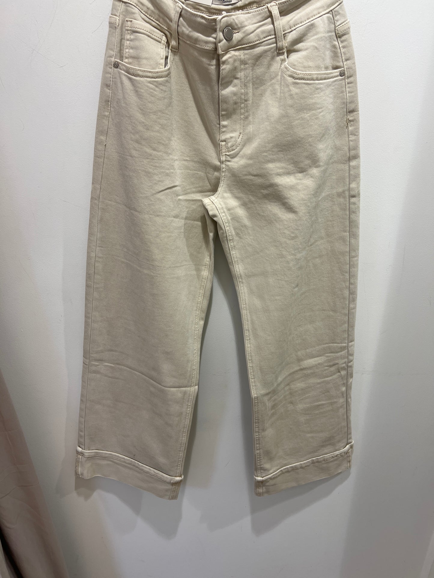 Beige Turn-Up Wide Leg Cotton Jeans