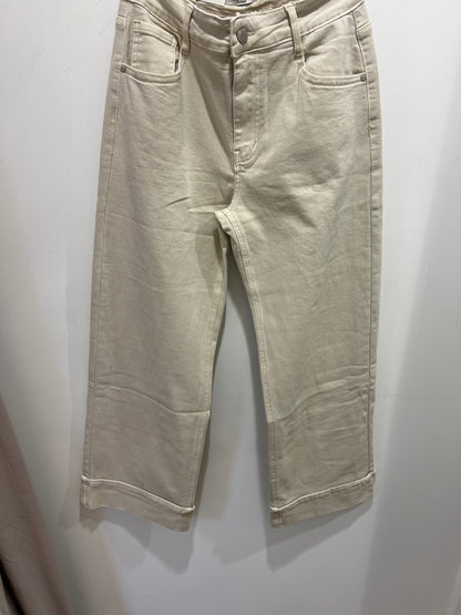 Beige Turn-Up Wide Leg Cotton Jeans