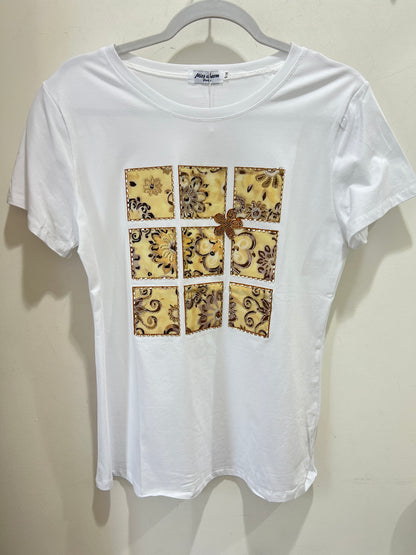 White Embellished Beige Mosaic Print T-Shirt