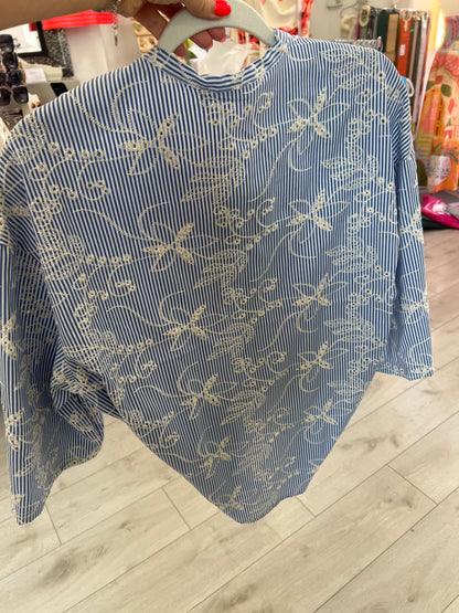 Blue & White Embroidered Stripe  Shirt