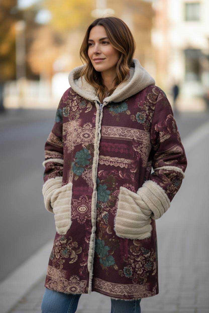 Oversized Hooded Printed Coat Wine & Teal