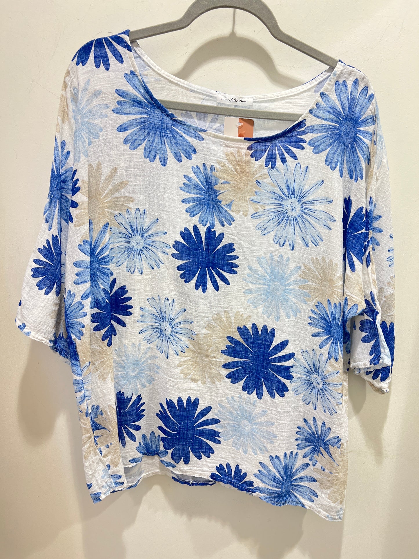 White & Cobalt Blue Floral Cotton Top (One Size)