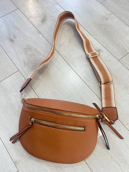 Tan Leatherette Crossbody Zipped Bag