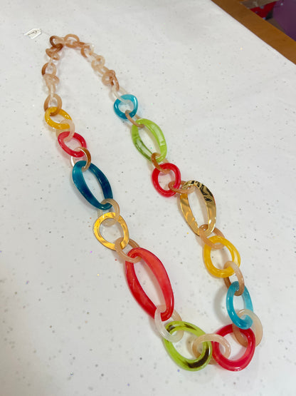 Multicoloured Resin Hoops & Gold Long Necklace