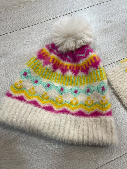 POM Hat & Scarf Set Cream/Pink/Mustard/Mint