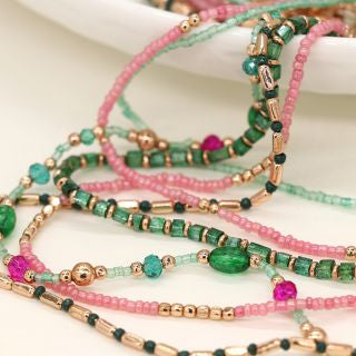 POM Multistrand Boho Necklace Green & Pink