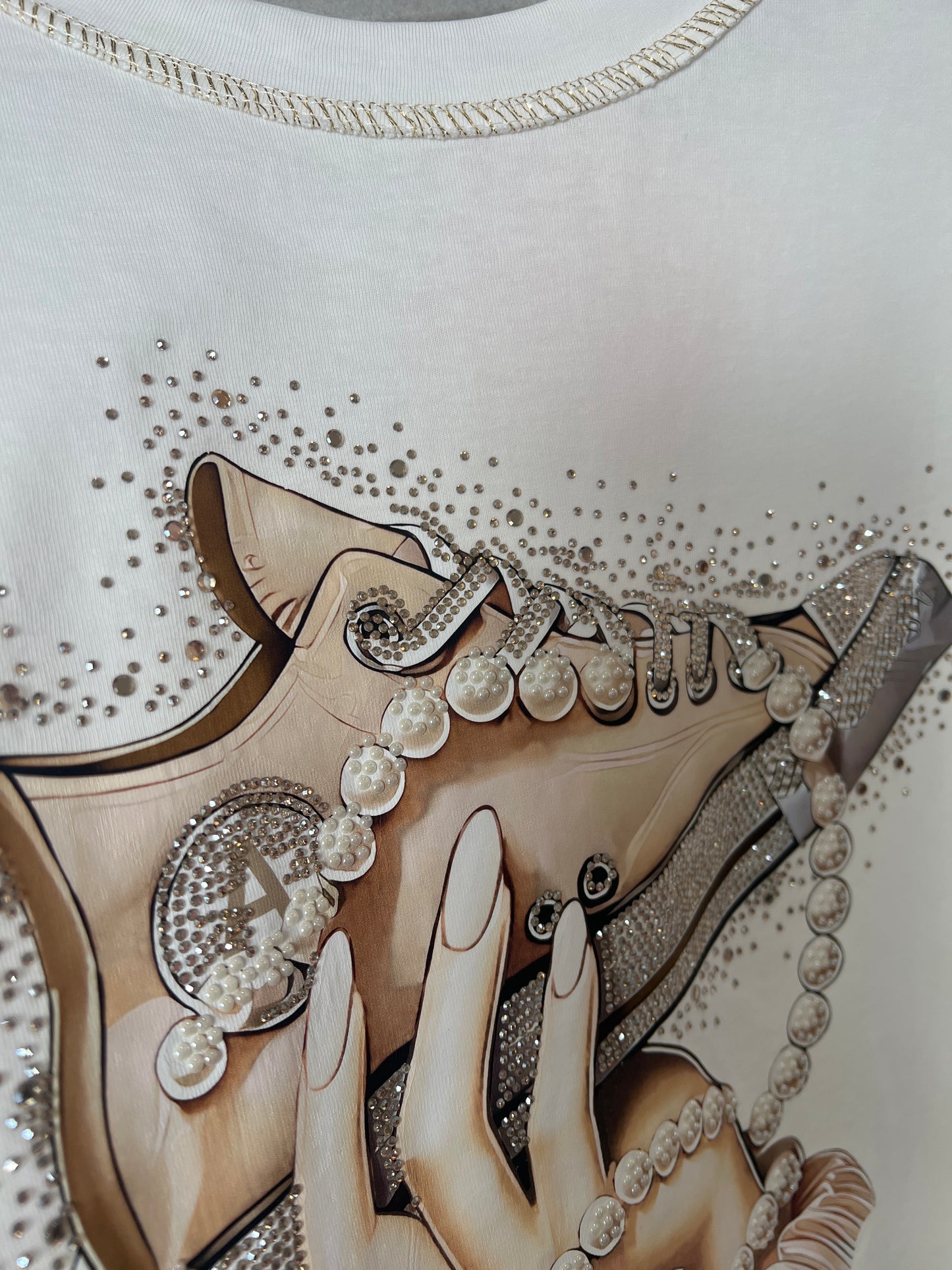 Ester Cream Hold T-Shirt Crystal Pearl Embellished Trainer