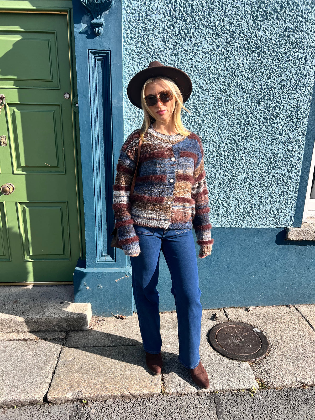 Navy & Brown Striped Cardigan Fur Detail