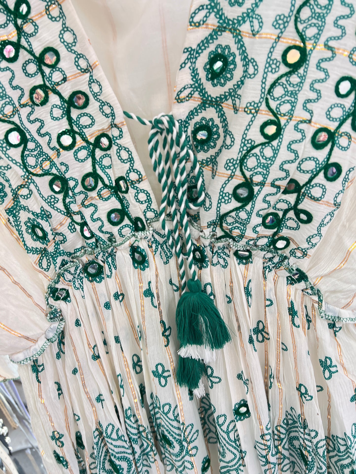 Boho Luxe Cream & Green Embellished Maxi Dress with Metallic Threading (Fits 8-14)