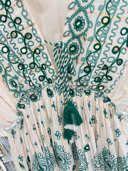 Boho Luxe Cream & Green Embellished Maxi Dress with Metallic Threading (Fits 8-14)