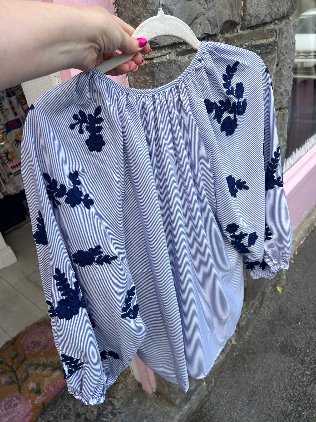 Blue Striped Boho Embroidered Blouse