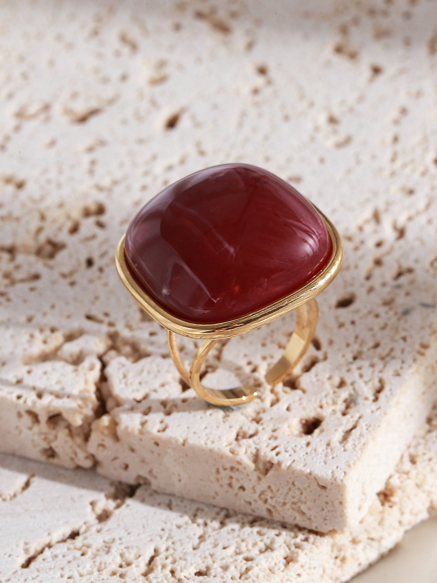 Burgundy Square Statement Adjustable Gold Ring