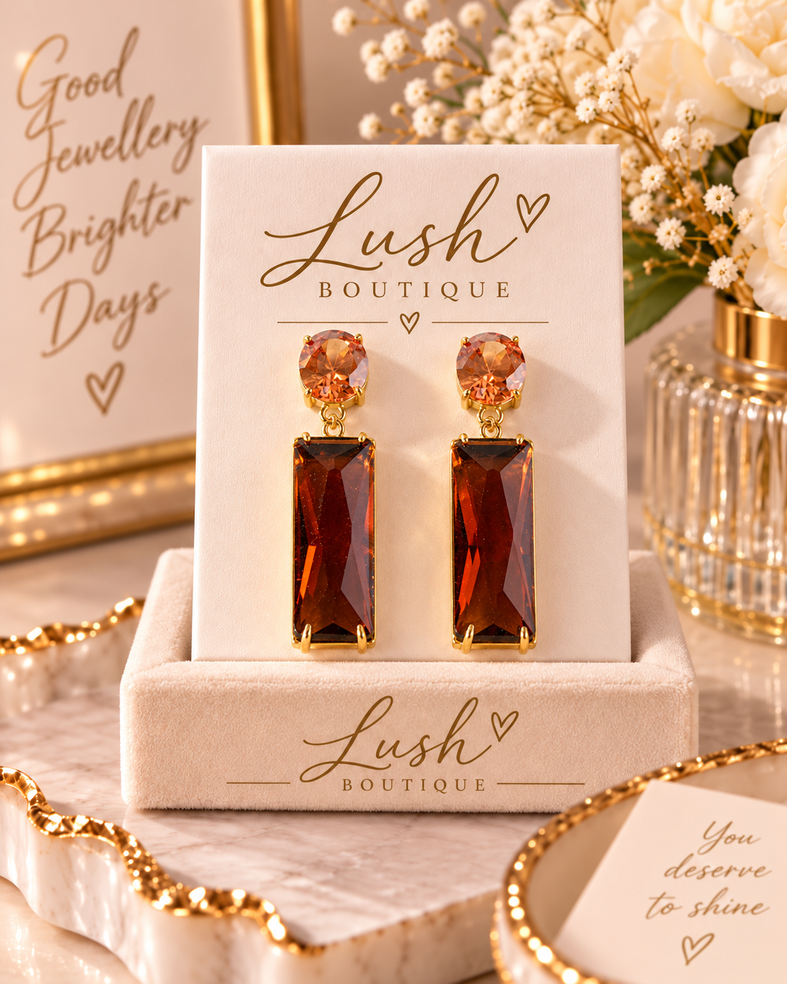 Gold & Crystal Rectangular Drop Earrings (4 COLOURS)