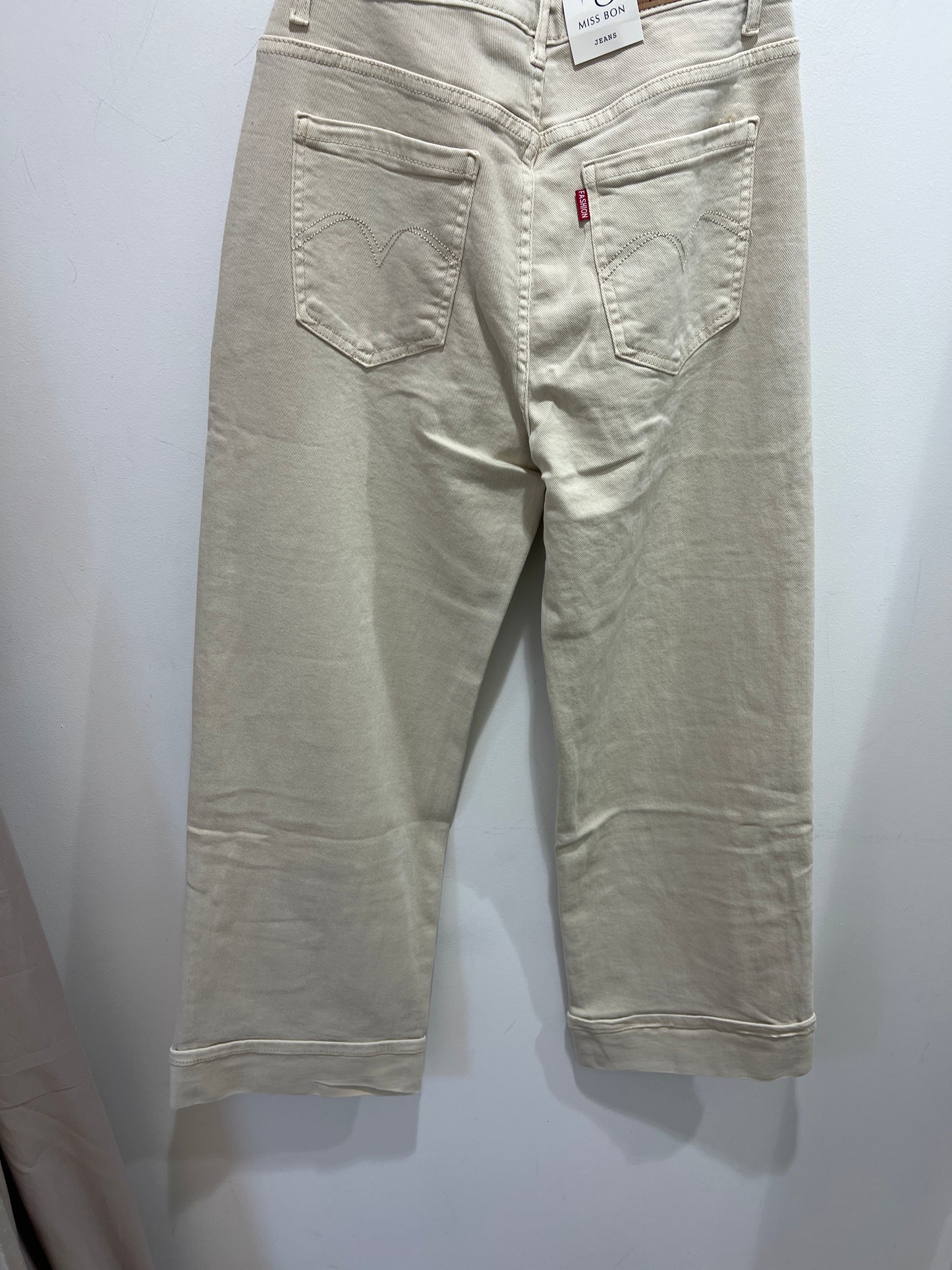 Beige Turn-Up Wide Leg Cotton Jeans