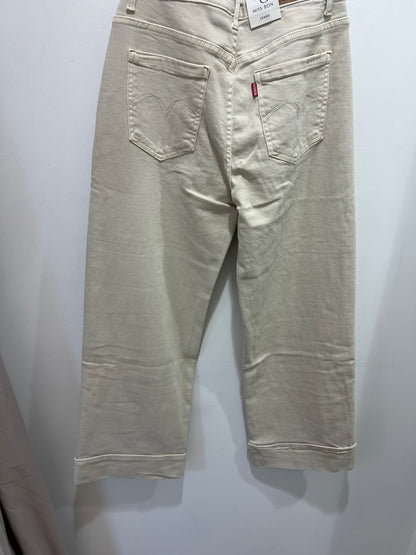 Beige Turn-Up Wide Leg Cotton Jeans