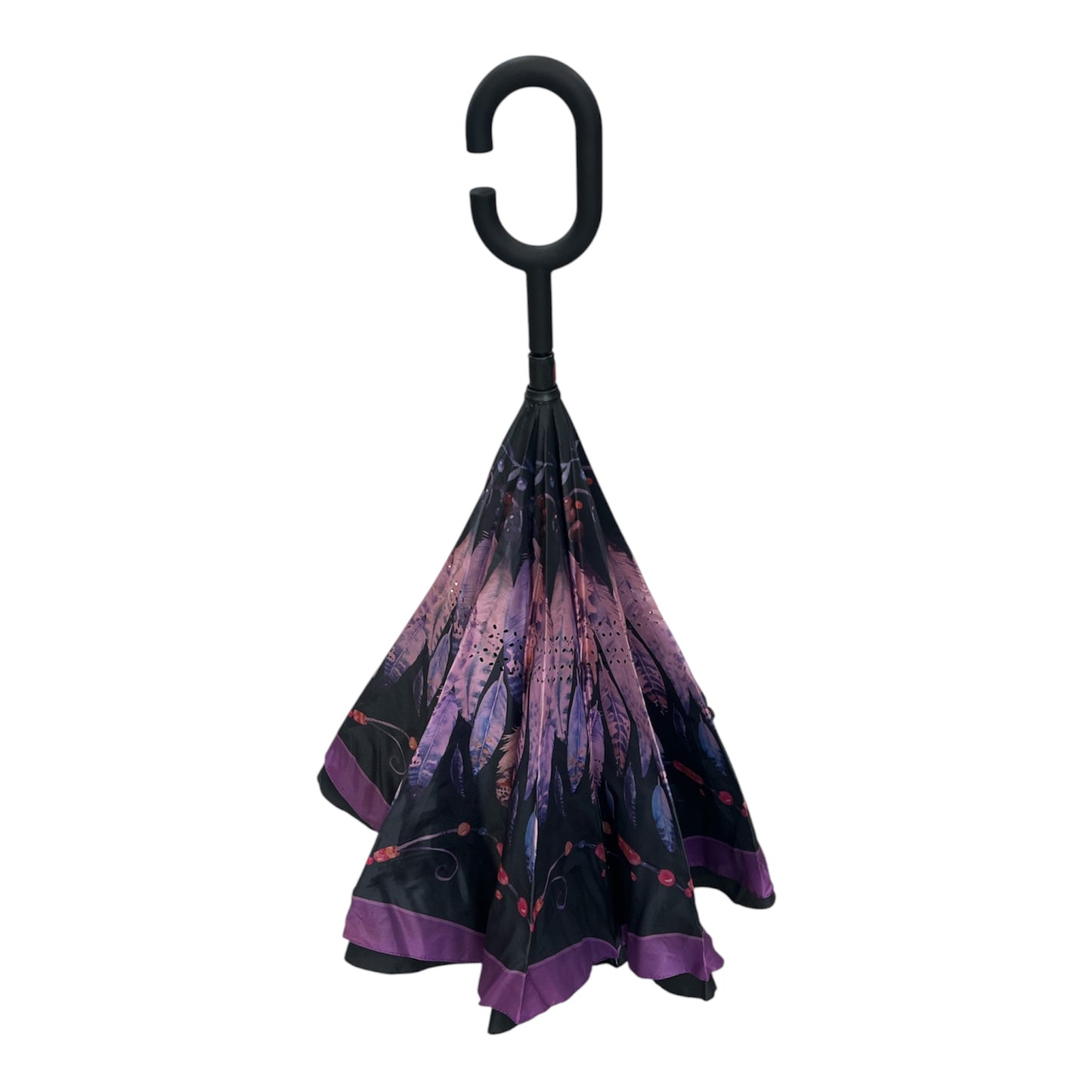 Upside Down Umbrella Purple & Black Feathers Design