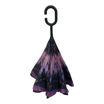 Upside Down Umbrella Purple & Black Feathers Design