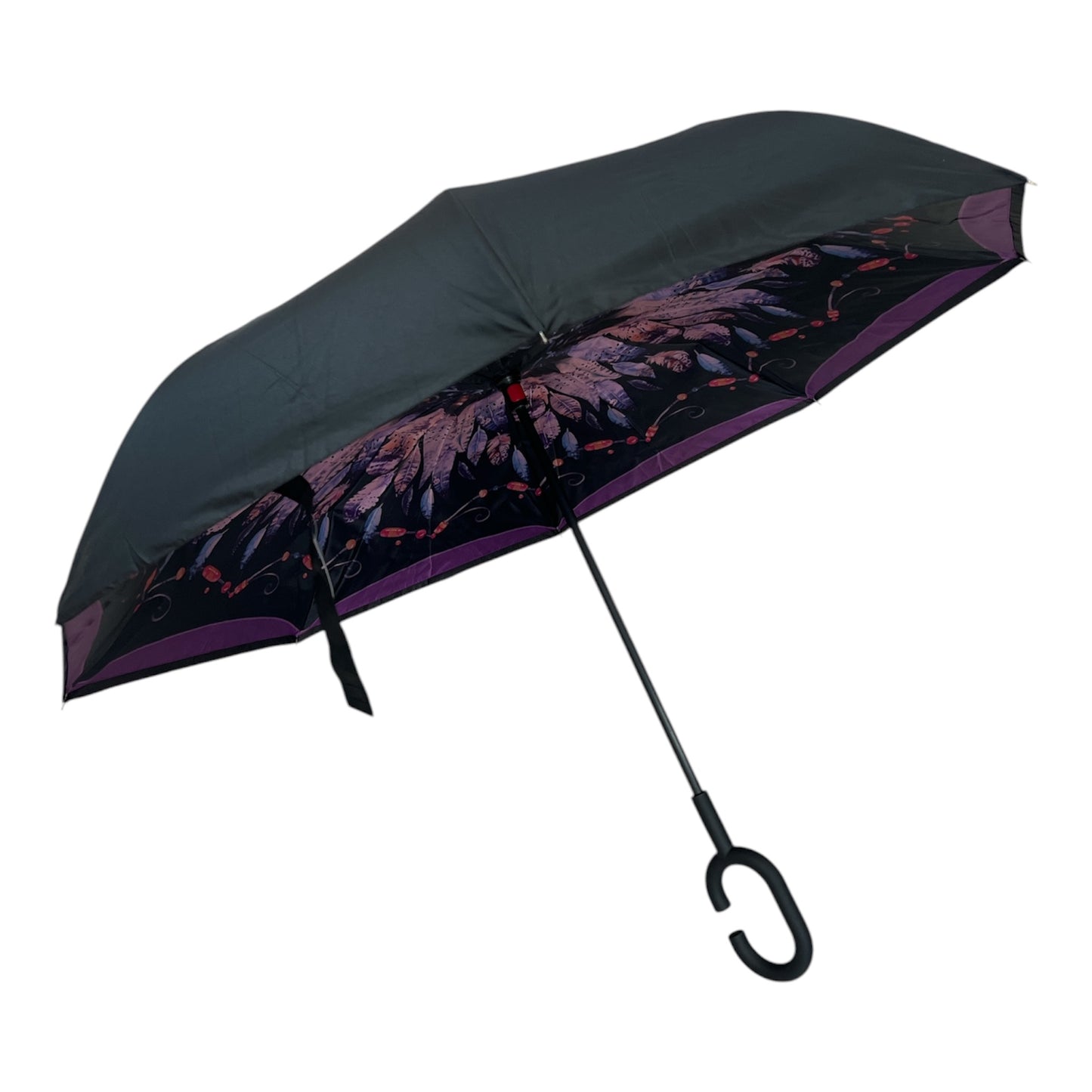 Upside Down Umbrella Purple & Black Feathers Design