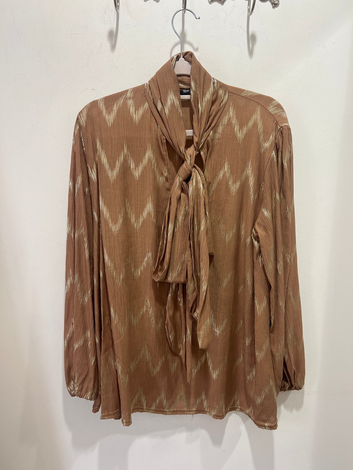 Emer Camel & Gold Metallic Pussy Bow Blouse