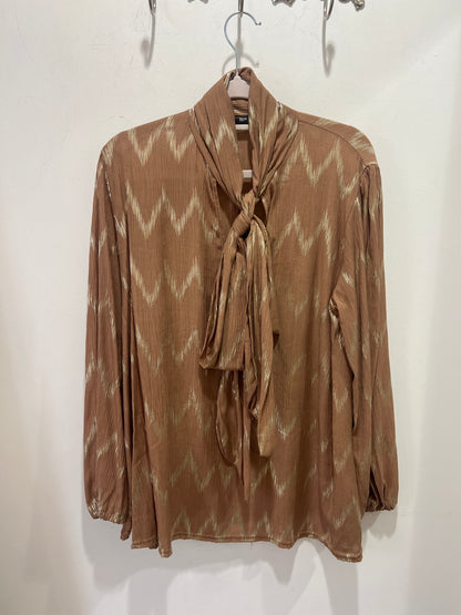 Emer Camel & Gold Metallic Pussy Bow Blouse
