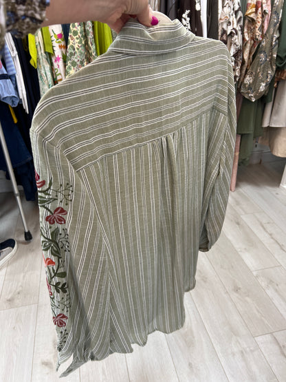 Green Boho Striped Embroidered Shirt