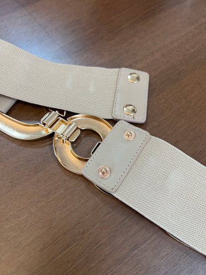 Dark Beige Elasticated Belt Gold Curb