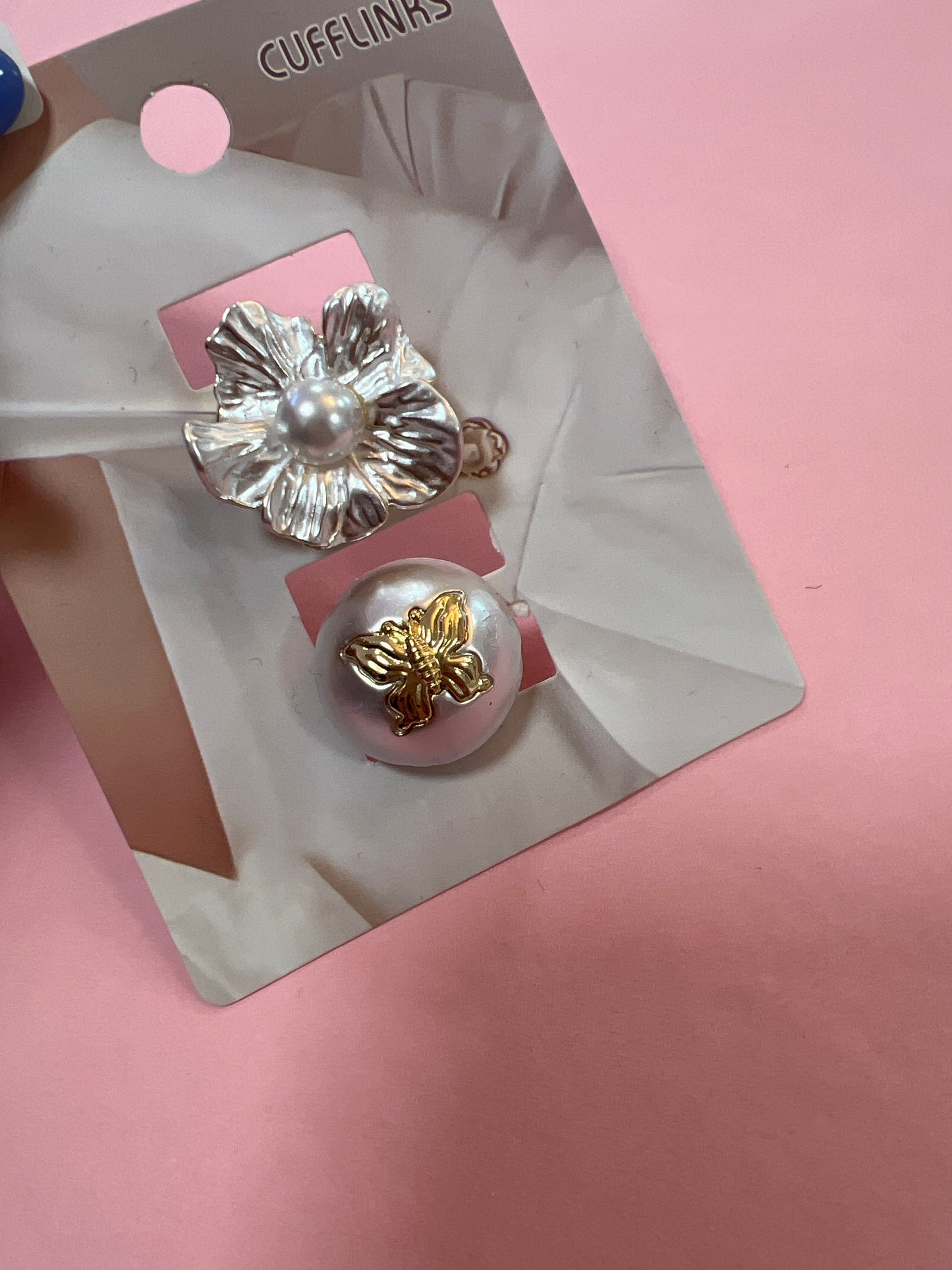 Pearl & Gold Butterfly-Flower Button Covers / Cufflinks (Set)