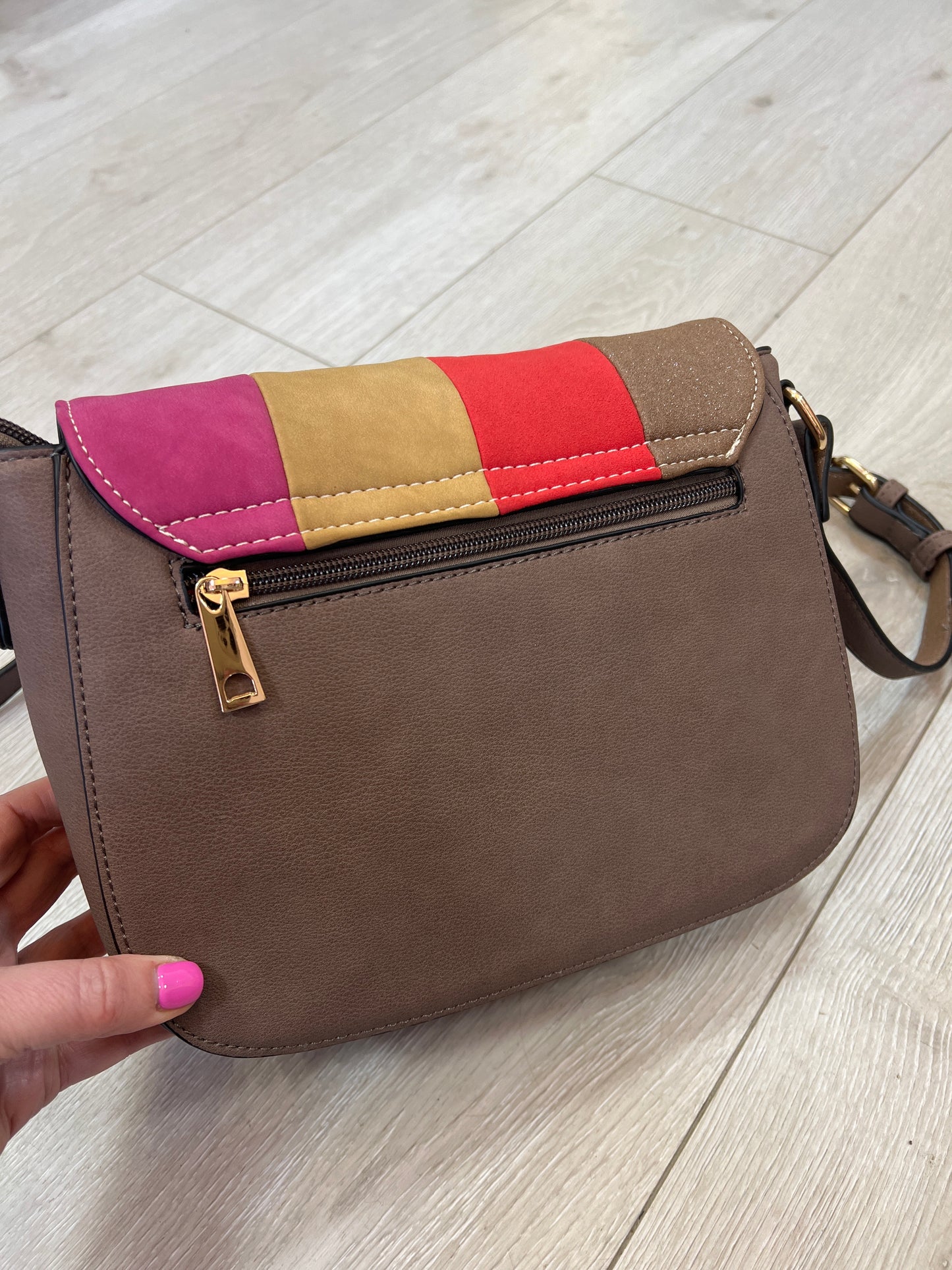 Colour Block Patchwork Crossbody Bag – Red, Pink & Taupe Camel