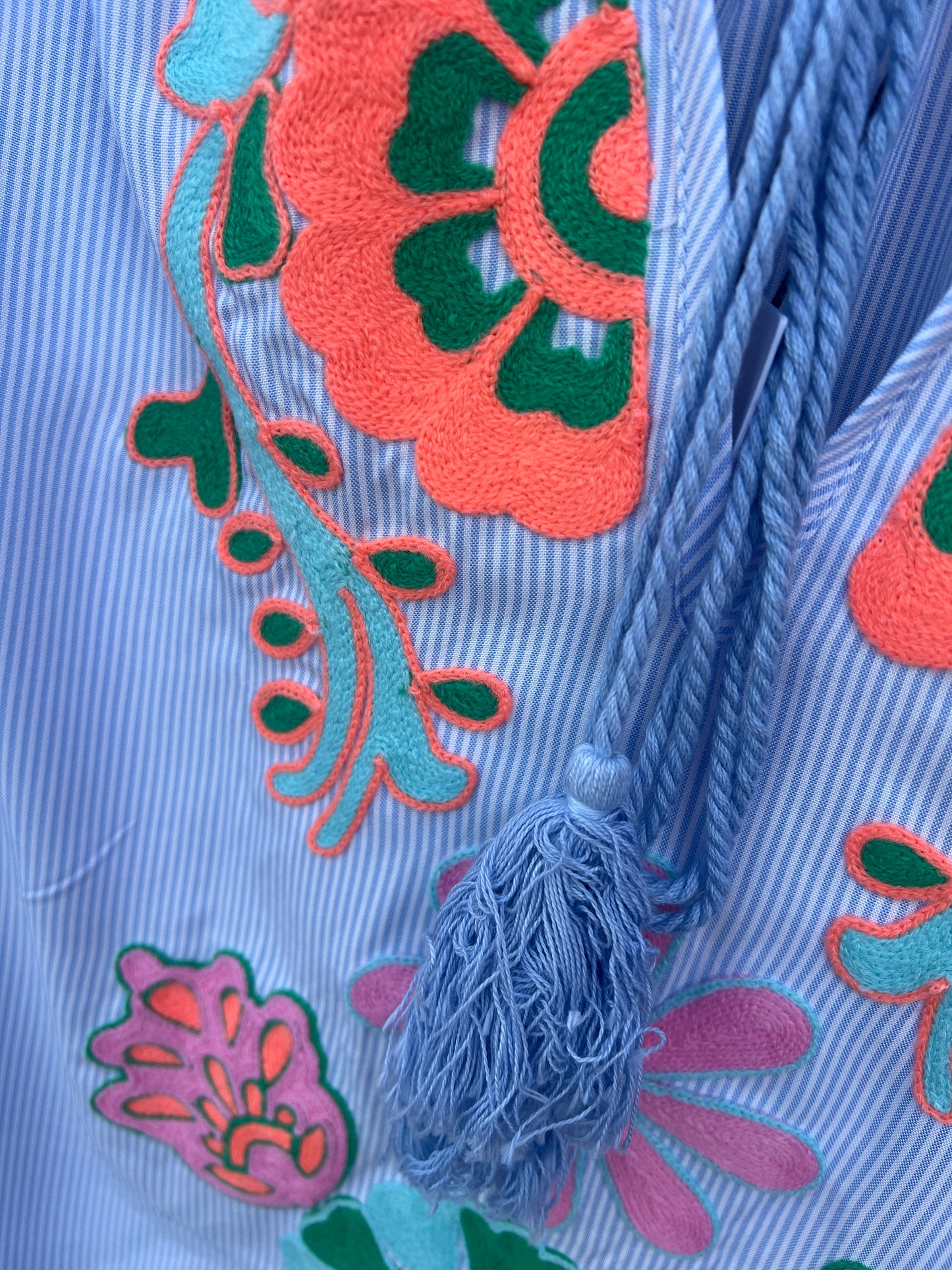 Sky Blue Stripe Embroidered Puff Sleeve Blouse