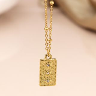 POM Golden Embossed Amulet & Crystal Necklace