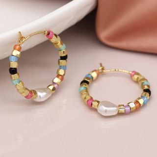 POM Multicoloured Glass Bead Gold & Pearl Hoop Earrings