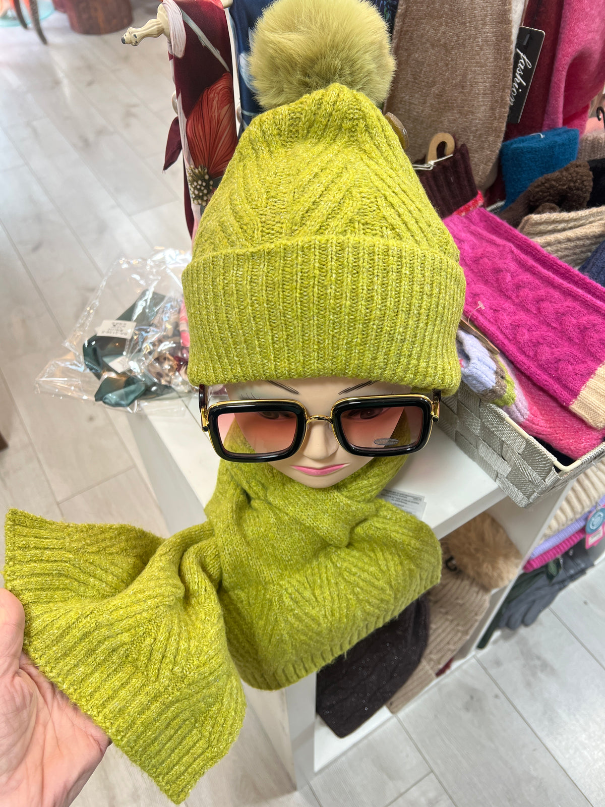 POM Chartreuse Green Hat & Scarf Set