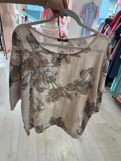 Beige & Taupe Floral Cotton Top (One Size)