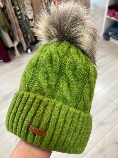 Green Cable Knit Hat PomPom