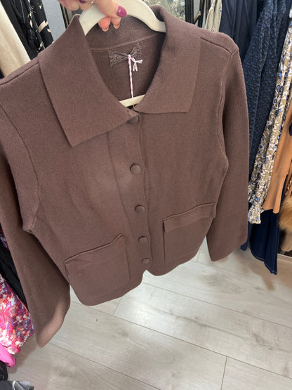 Aria Brown Cardigan Front Pockets