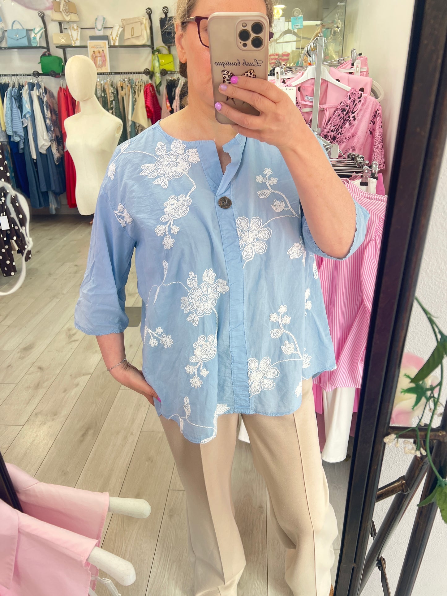 Sky Blue White Floral Embroidered Cotton Top