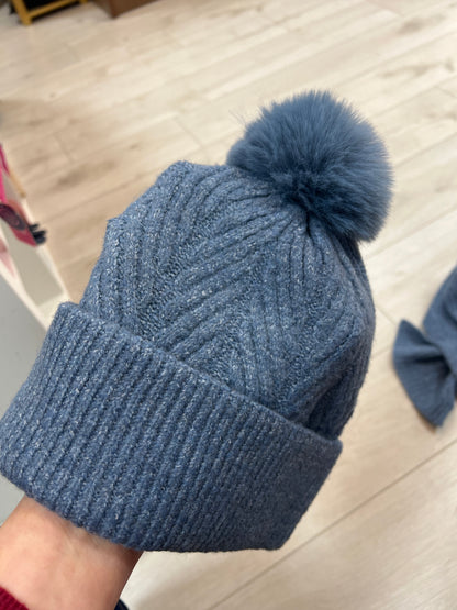 POM Blue Knit PomPom Hat