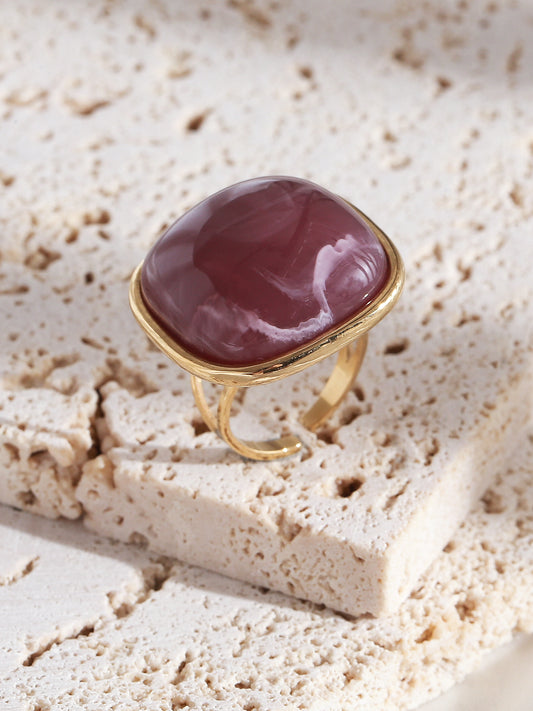 Wine Marbled Square & Gold Adjustable Ring