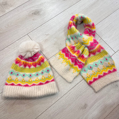 POM Hat & Scarf Set Cream/Pink/Mustard/Mint