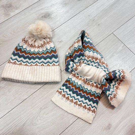 POM Hat & Scarf Set Beige/Teal/Camel/Silver