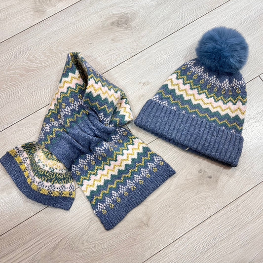 POM Hat & Scarf Set Blue Zig Zag